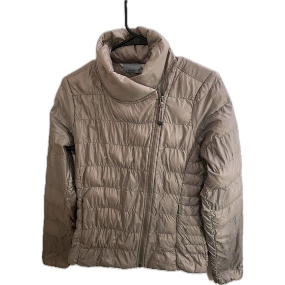 Athleta Jackets & Blazers - Athleta Womens Small Puffer Coat Beige Gold Goose Down Zip Pockets Snap Quilted